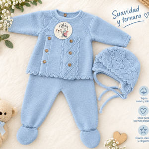 CONJUNTO DE PUNTO 3 PIEZAS CON CAPOTA Y POLAINA GLORY BEBE