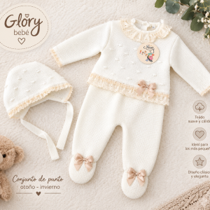 CONJUNTO DE PUNTO 3 PIEZAS CON CAPOTA Y POLAINA GLORY BEBÉ